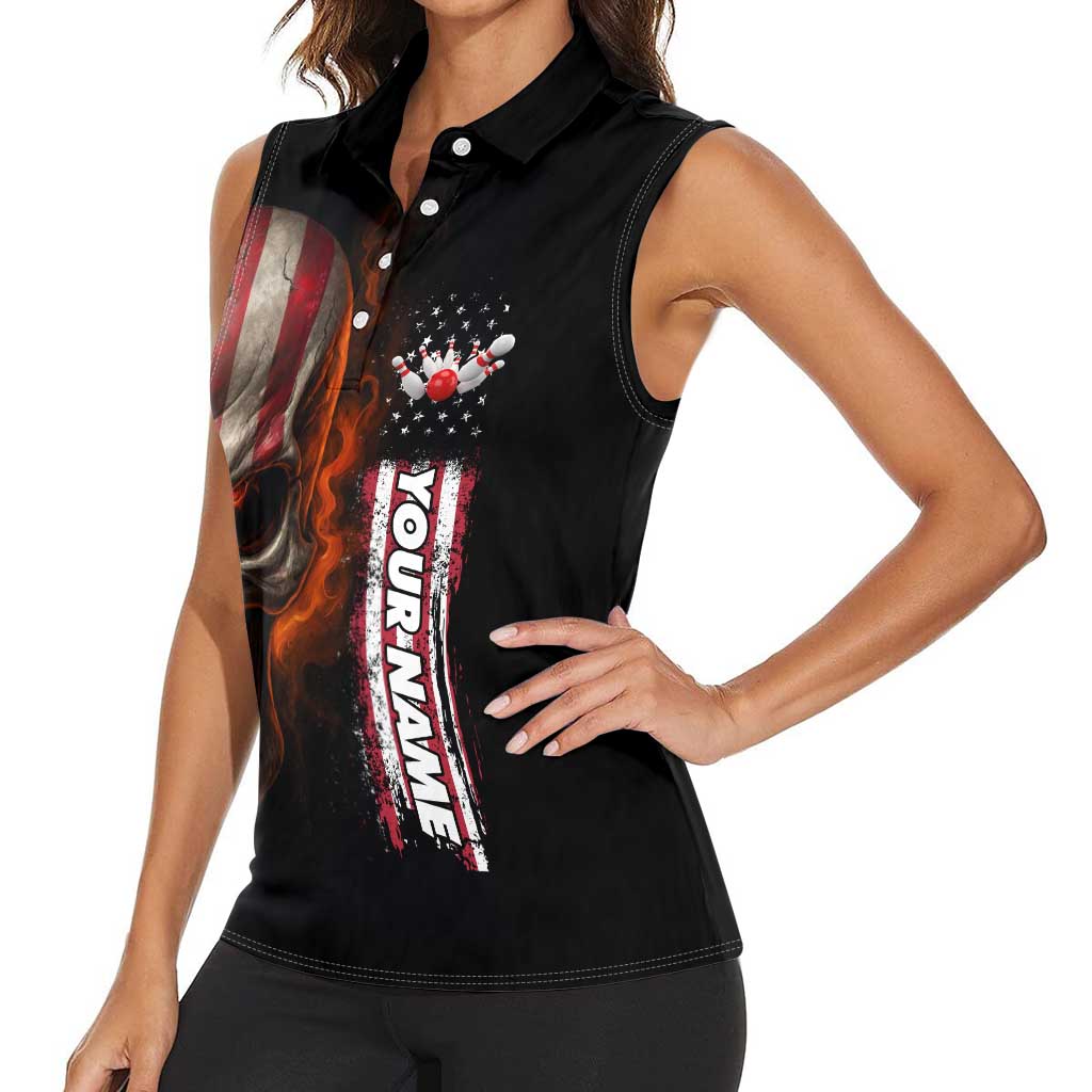 Custom American Flag Skull Women Sleeveless Polo Shirt with Bowling Pins Flame Effect and Grunge Pattern - Wonder Print Shop