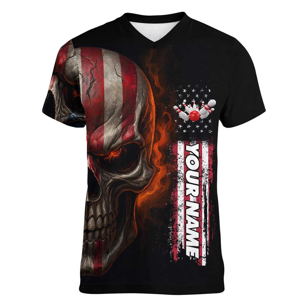 Custom American Flag Skull Women V-Neck T-Shirt with Bowling Pins Flame Effect and Grunge Pattern - Wonder Print Shop