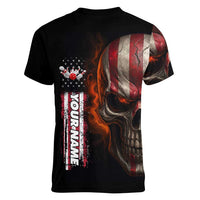 Custom American Flag Skull Women V-Neck T-Shirt with Bowling Pins Flame Effect and Grunge Pattern - Wonder Print Shop