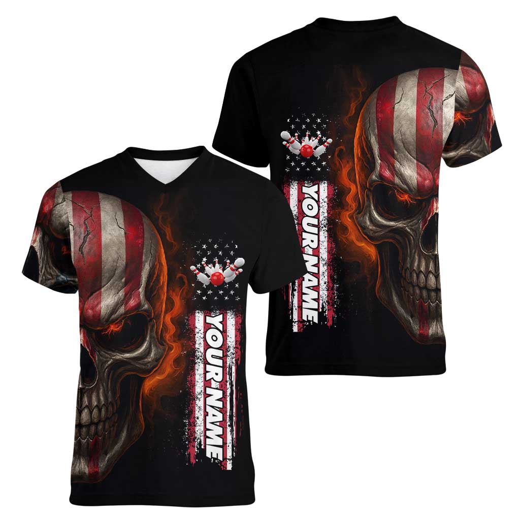 Custom American Flag Skull Women V-Neck T-Shirt with Bowling Pins Flame Effect and Grunge Pattern - Wonder Print Shop