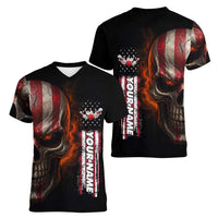 Custom American Flag Skull Women V-Neck T-Shirt with Bowling Pins Flame Effect and Grunge Pattern - Wonder Print Shop
