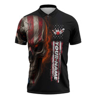 Custom American Flag Skull Zipper Polo Shirt with Bowling Pins Flame Effect and Grunge Pattern - Wonder Print Shop