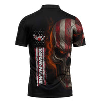 Custom American Flag Skull Zipper Polo Shirt with Bowling Pins Flame Effect and Grunge Pattern - Wonder Print Shop