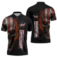 Custom American Flag Skull Zipper Polo Shirt with Bowling Pins Flame Effect and Grunge Pattern - Wonder Print Shop