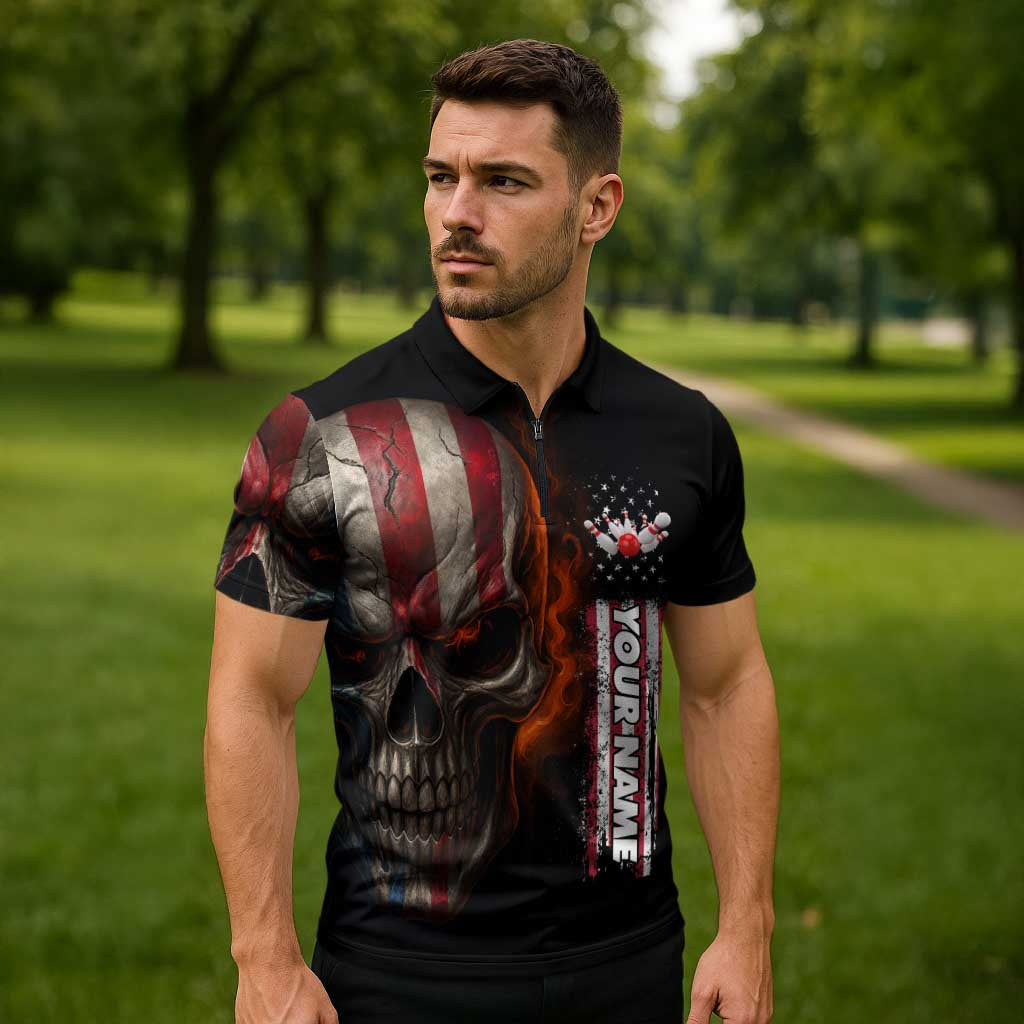 Custom American Flag Skull Zipper Polo Shirt with Bowling Pins Flame Effect and Grunge Pattern - Wonder Print Shop