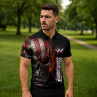 Custom American Flag Skull Zipper Polo Shirt with Bowling Pins Flame Effect and Grunge Pattern - Wonder Print Shop