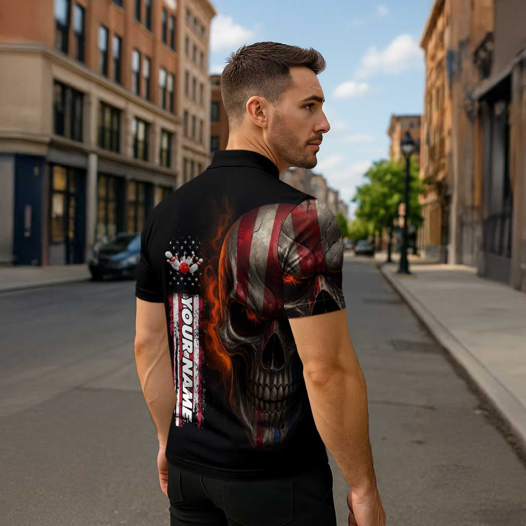 Custom American Flag Skull Zipper Polo Shirt with Bowling Pins Flame Effect and Grunge Pattern - Wonder Print Shop