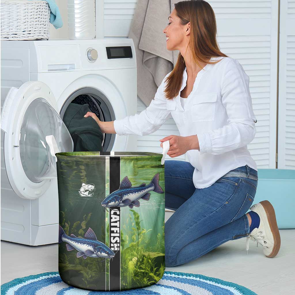 Catfish Fishing Laundry Basket with Underwater River Scene and Green Aquatic Pattern - Wonder Print Shop