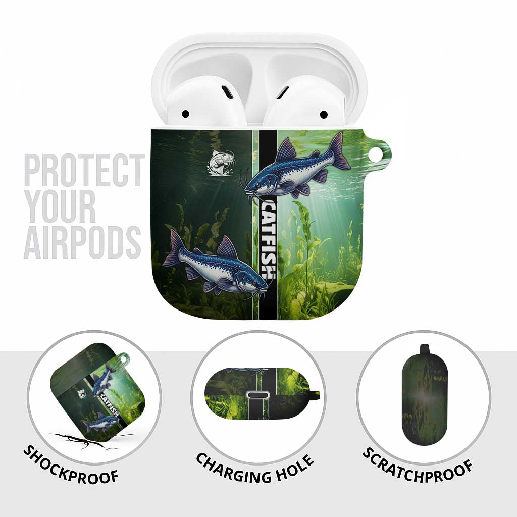 Catfish Fishing AirPods Case with Underwater River Scene and Green Aquatic Pattern - Wonder Print Shop