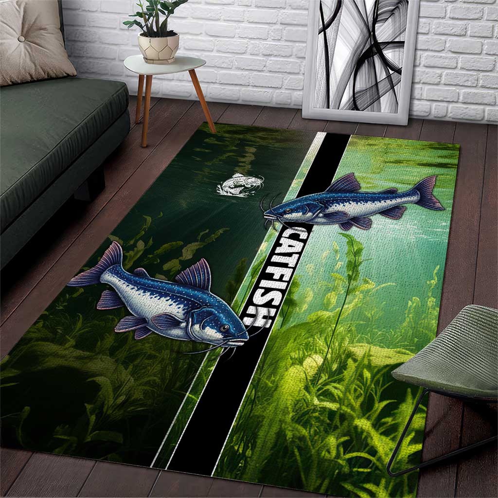 Catfish Fishing Area Rug with Underwater River Scene and Green Aquatic Pattern - Wonder Print Shop