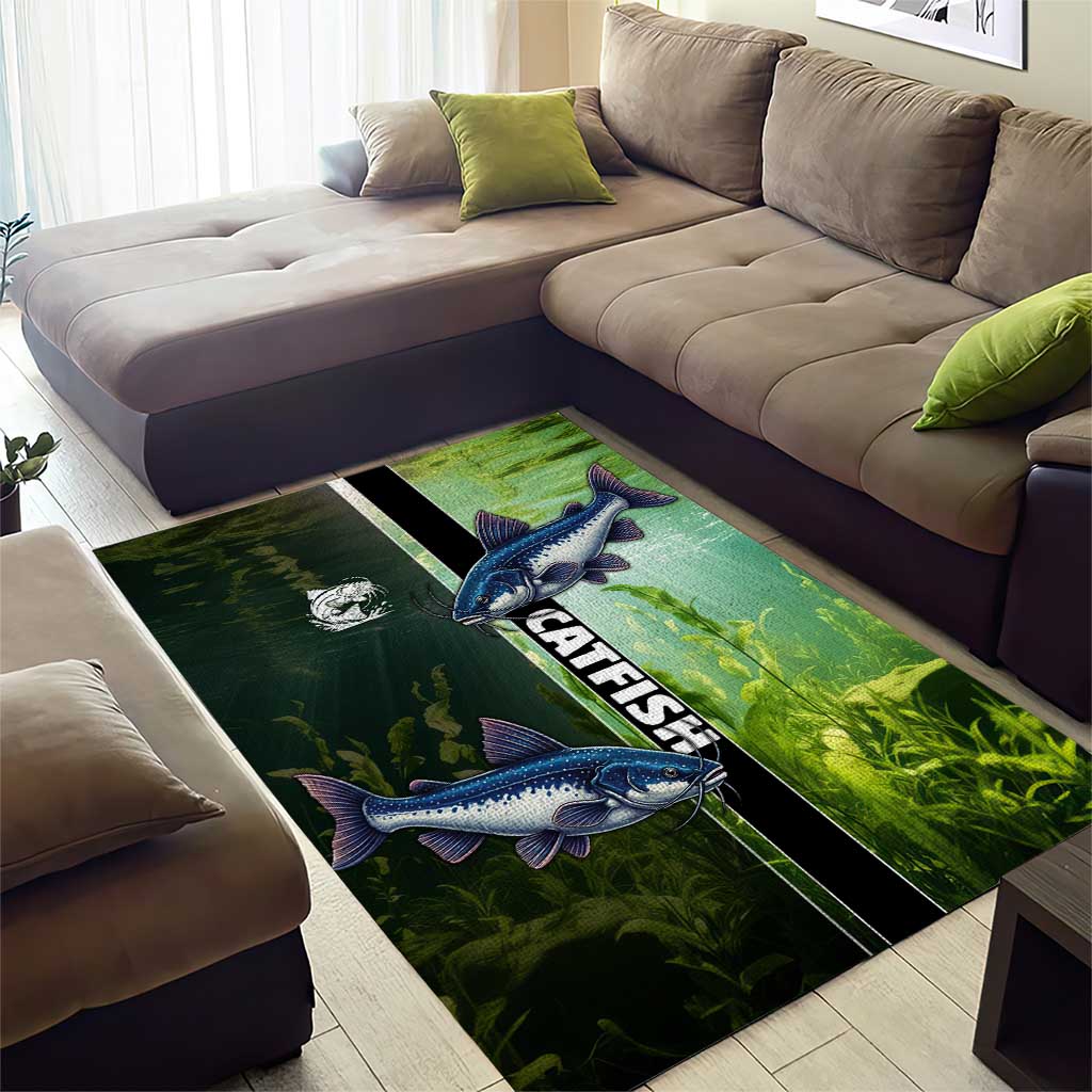 Catfish Fishing Area Rug with Underwater River Scene and Green Aquatic Pattern - Wonder Print Shop