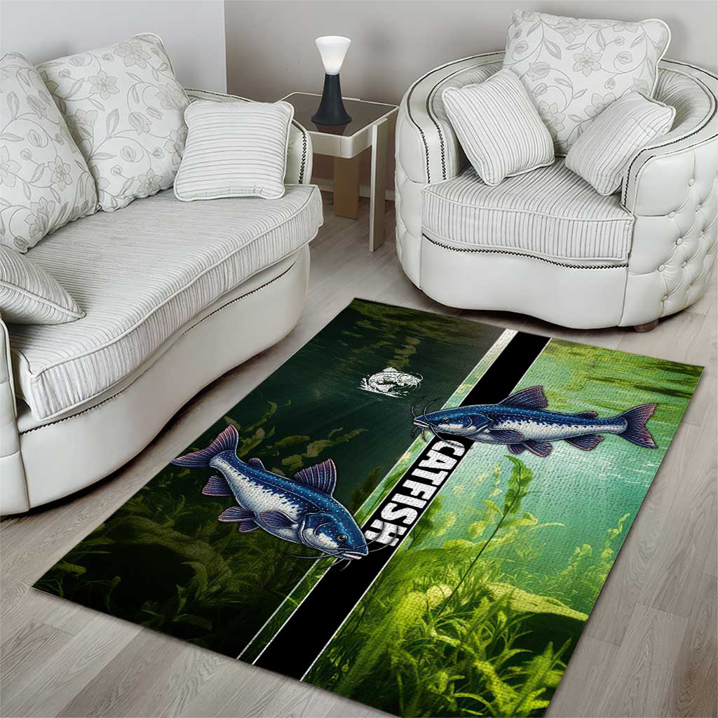 Catfish Fishing Area Rug with Underwater River Scene and Green Aquatic Pattern - Wonder Print Shop