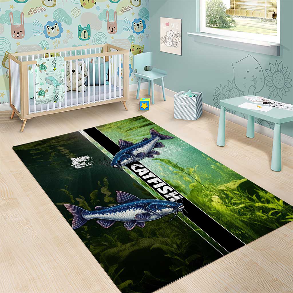 Catfish Fishing Area Rug with Underwater River Scene and Green Aquatic Pattern - Wonder Print Shop