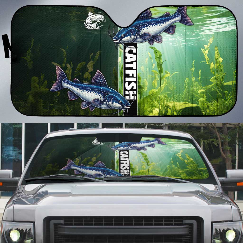 Catfish Fishing Auto Sun Shade with Underwater River Scene and Green Aquatic Pattern - Wonder Print Shop