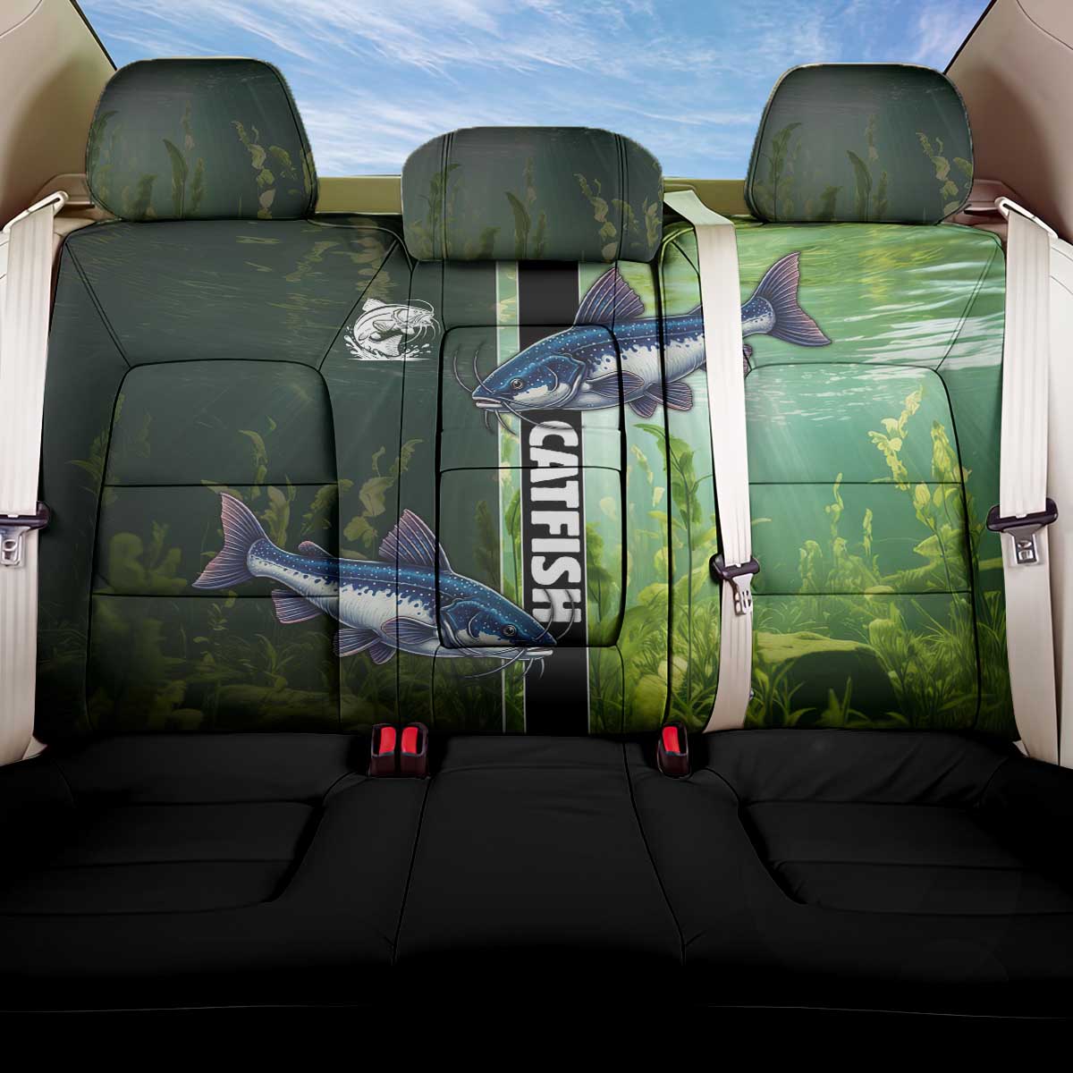 Catfish Fishing Back Car Seat Cover with Underwater River Scene and Green Aquatic Pattern - Wonder Print Shop