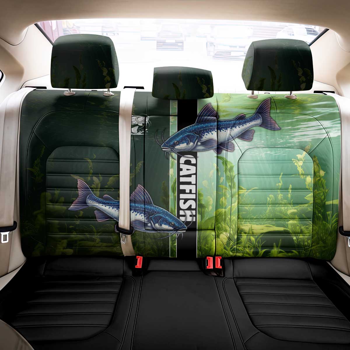 Catfish Fishing Back Car Seat Cover with Underwater River Scene and Green Aquatic Pattern - Wonder Print Shop
