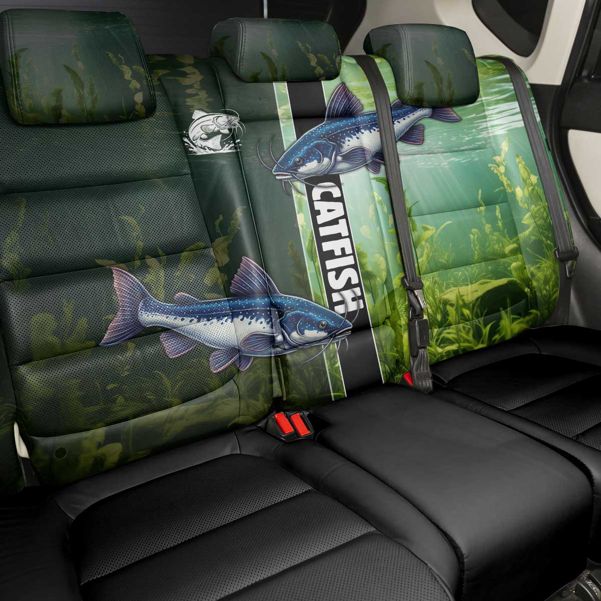 Catfish Fishing Back Car Seat Cover with Underwater River Scene and Green Aquatic Pattern - Wonder Print Shop