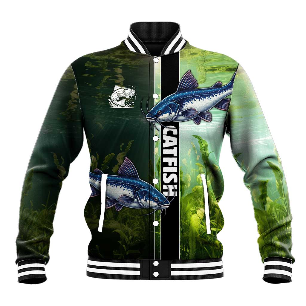 Custom Catfish Fishing Baseball Jacket with Underwater River Scene and Green Aquatic Pattern - Wonder Print Shop