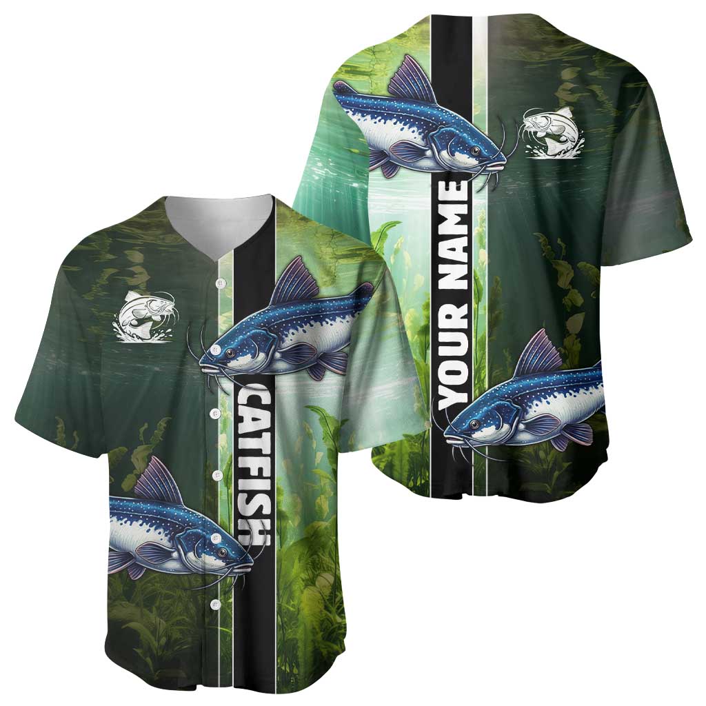 Custom Catfish Fishing Baseball Jersey with Underwater River Scene and Green Aquatic Pattern - Wonder Print Shop