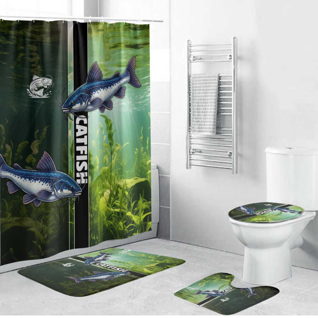 Catfish Fishing Bathroom Set with Underwater River Scene and Green Aquatic Pattern - Wonder Print Shop