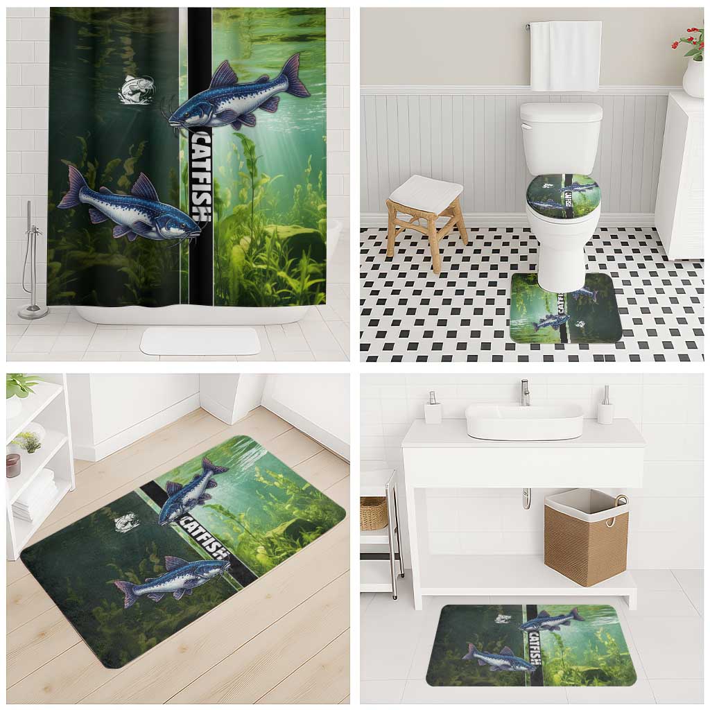 Catfish Fishing Bathroom Set with Underwater River Scene and Green Aquatic Pattern - Wonder Print Shop