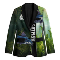 Custom Catfish Fishing Blazer with Underwater River Scene and Green Aquatic Pattern - Wonder Print Shop