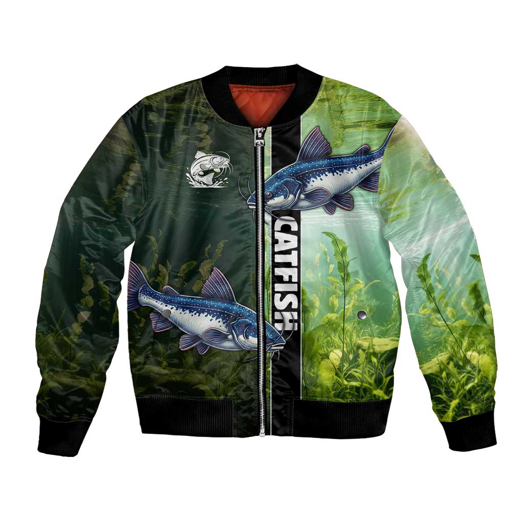 Custom Catfish Fishing Bomber Jacket with Underwater River Scene and Green Aquatic Pattern - Wonder Print Shop