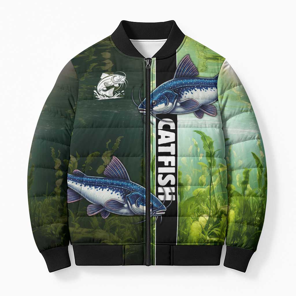Custom Catfish Fishing Bomber Puffer Jacket with Underwater River Scene and Green Aquatic Pattern - Wonder Print Shop