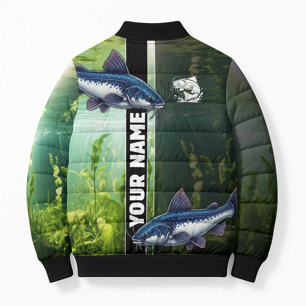 Custom Catfish Fishing Bomber Puffer Jacket with Underwater River Scene and Green Aquatic Pattern - Wonder Print Shop