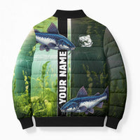 Custom Catfish Fishing Bomber Puffer Jacket with Underwater River Scene and Green Aquatic Pattern - Wonder Print Shop