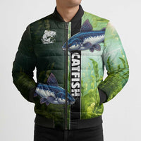 Custom Catfish Fishing Bomber Puffer Jacket with Underwater River Scene and Green Aquatic Pattern - Wonder Print Shop
