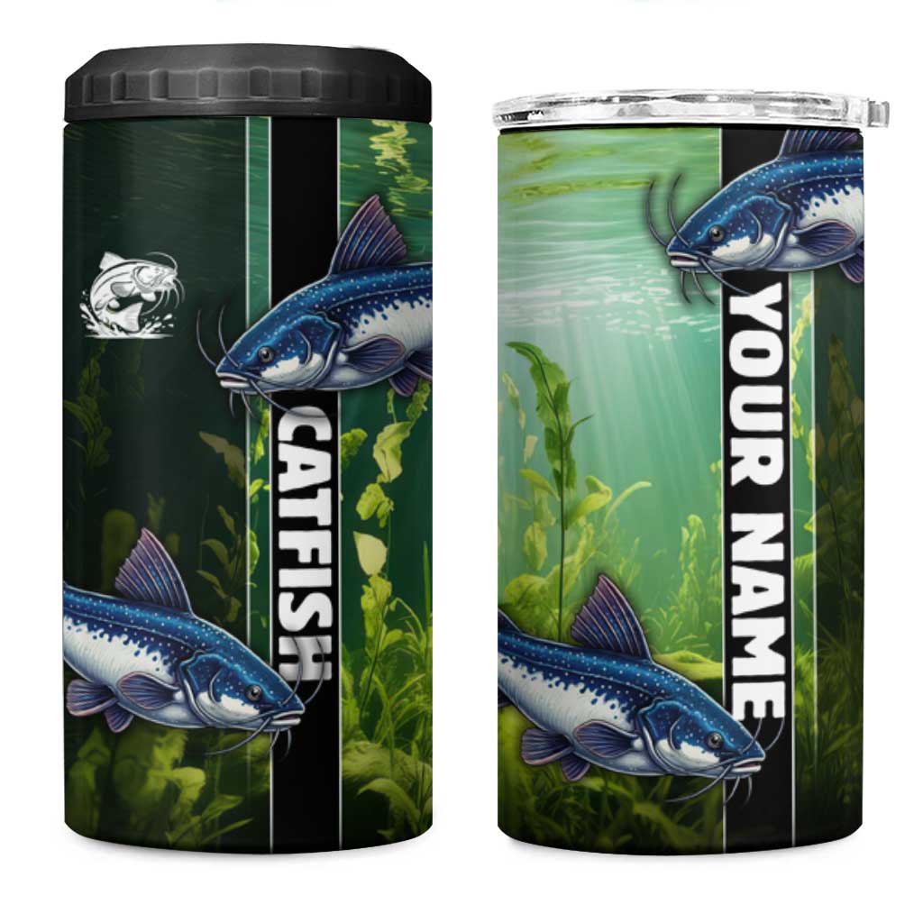 Custom Catfish Fishing 4 in 1 Can Cooler Tumbler with Underwater River Scene and Green Aquatic Pattern - Wonder Print Shop