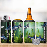 Custom Catfish Fishing 4 in 1 Can Cooler Tumbler with Underwater River Scene and Green Aquatic Pattern - Wonder Print Shop