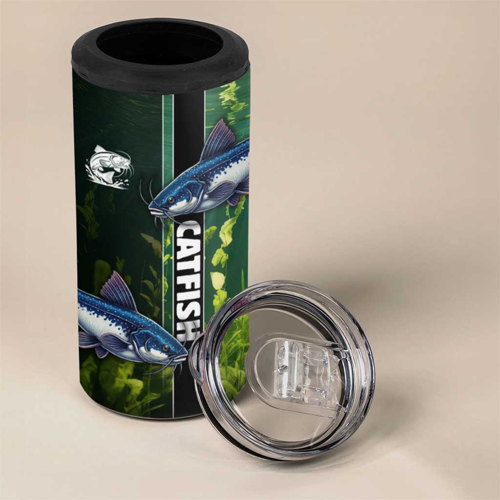 Custom Catfish Fishing 4 in 1 Can Cooler Tumbler with Underwater River Scene and Green Aquatic Pattern - Wonder Print Shop