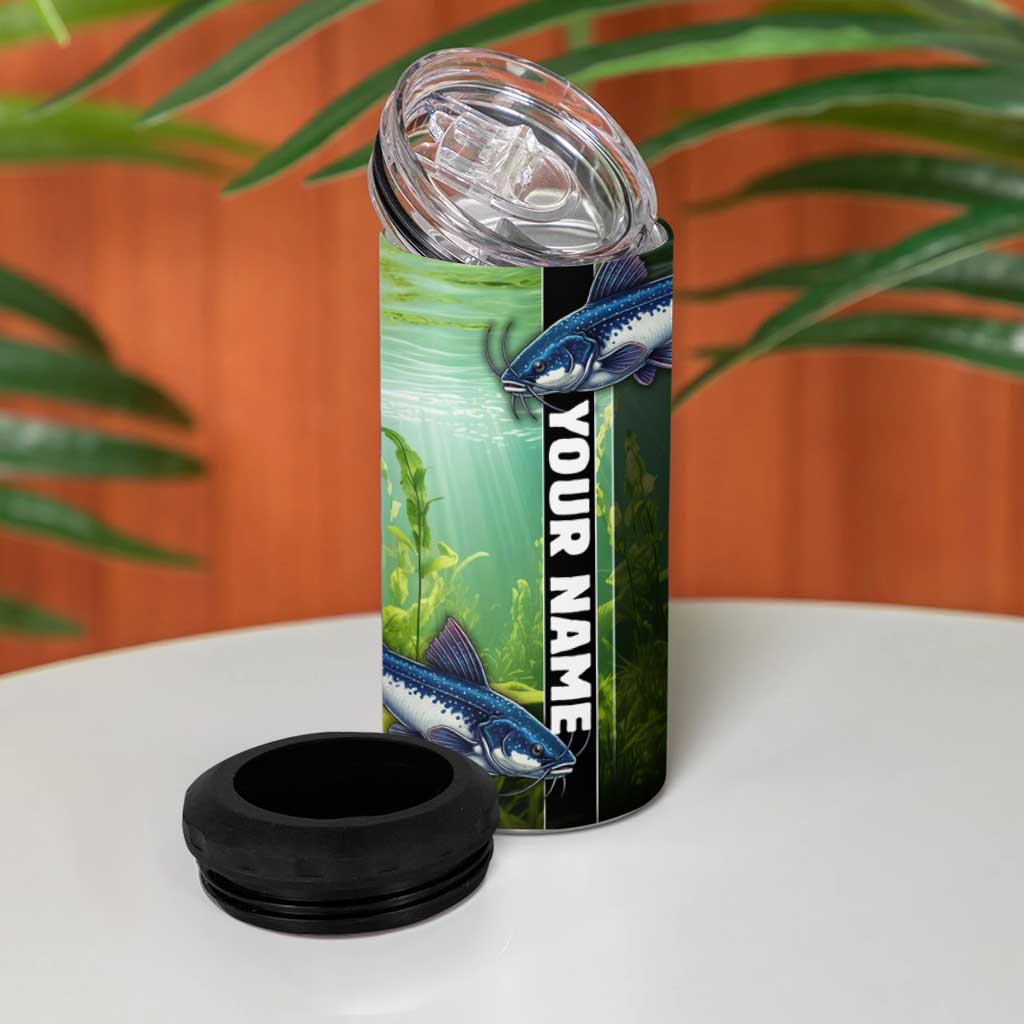 Custom Catfish Fishing 4 in 1 Can Cooler Tumbler with Underwater River Scene and Green Aquatic Pattern - Wonder Print Shop