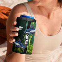Custom Catfish Fishing 4 in 1 Can Cooler Tumbler with Underwater River Scene and Green Aquatic Pattern - Wonder Print Shop