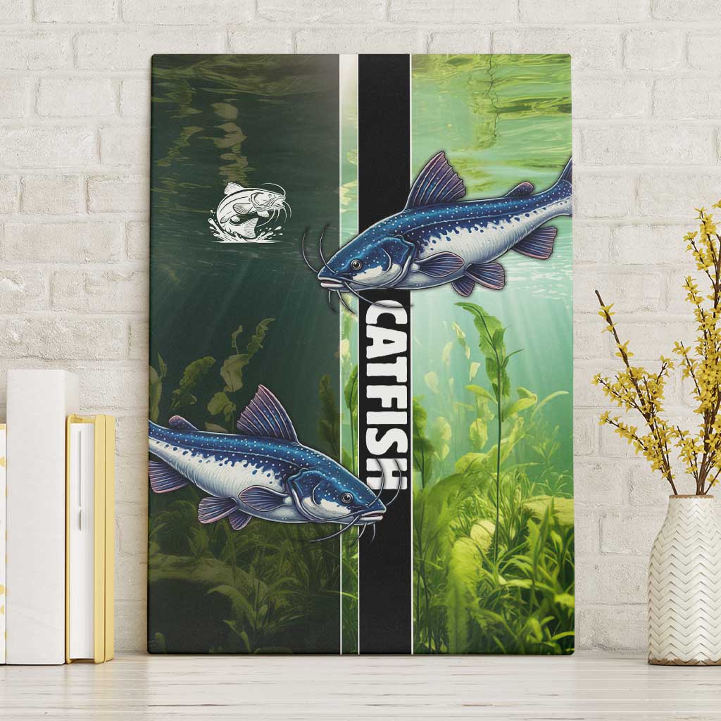 Catfish Fishing Canvas Wall Art with Underwater River Scene and Green Aquatic Pattern - Wonder Print Shop