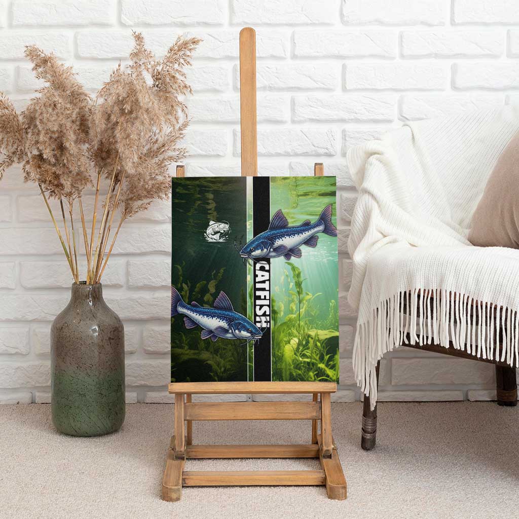 Catfish Fishing Canvas Wall Art with Underwater River Scene and Green Aquatic Pattern - Wonder Print Shop