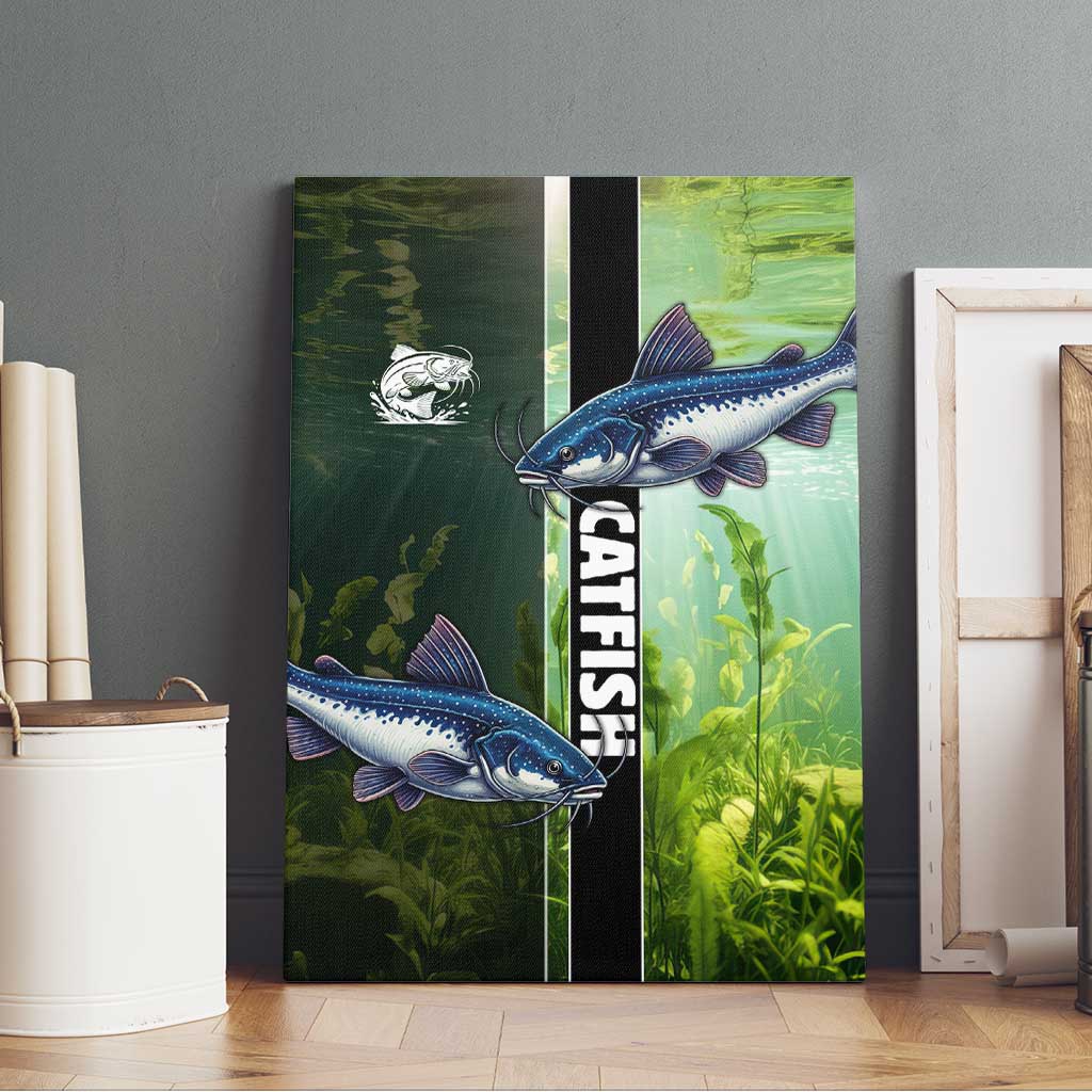 Catfish Fishing Canvas Wall Art with Underwater River Scene and Green Aquatic Pattern - Wonder Print Shop