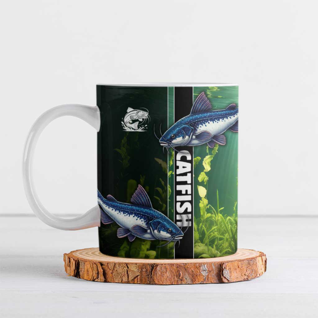 Custom Catfish Fishing Ceramic Mug with Underwater River Scene and Green Aquatic Pattern - Wonder Print Shop