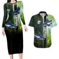 Custom Catfish Fishing Couples Matching Long Sleeve Bodycon Dress and Hawaiian Shirt with Underwater River Scene and Green Aquatic Pattern - Wonder Print Shop
