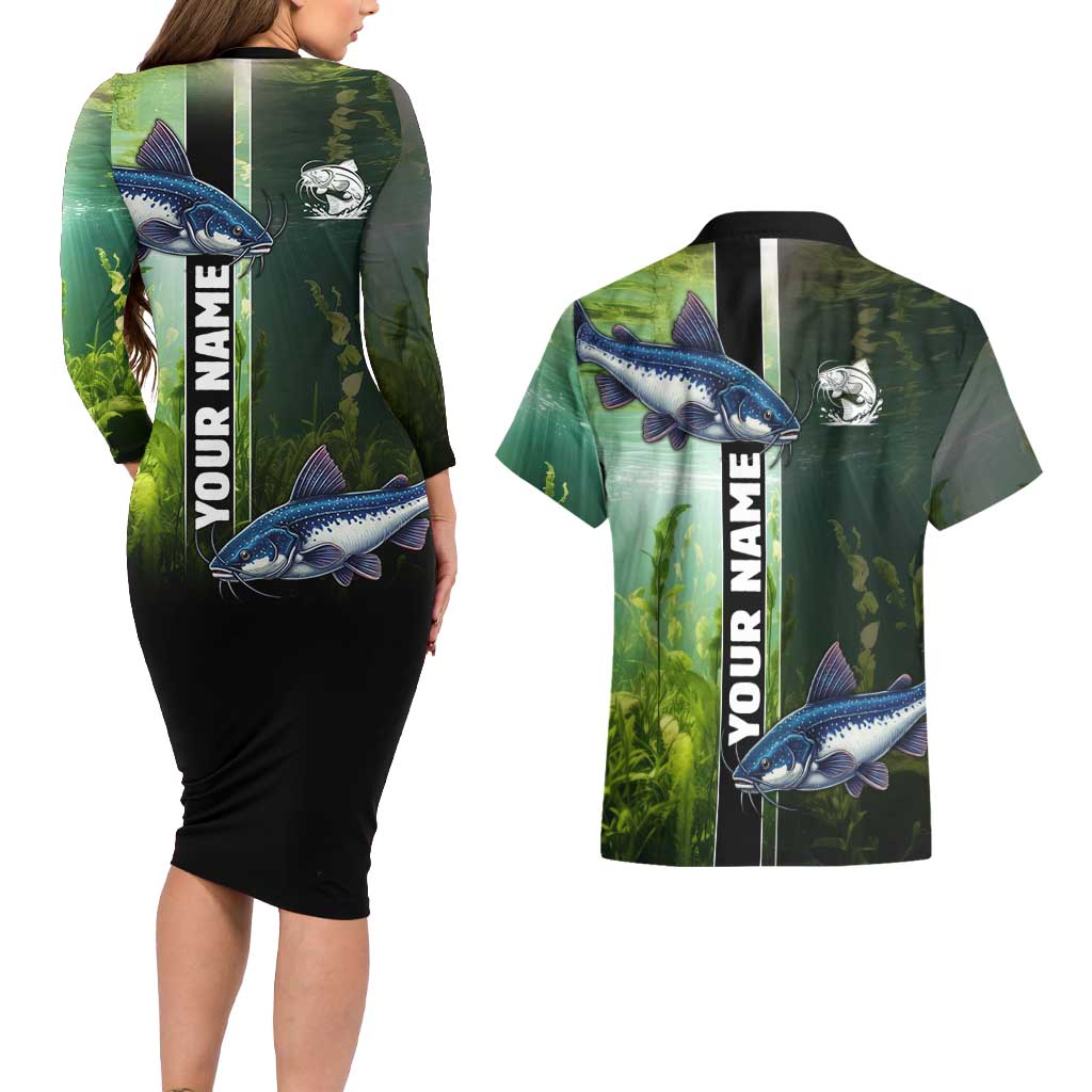Custom Catfish Fishing Couples Matching Long Sleeve Bodycon Dress and Hawaiian Shirt with Underwater River Scene and Green Aquatic Pattern - Wonder Print Shop