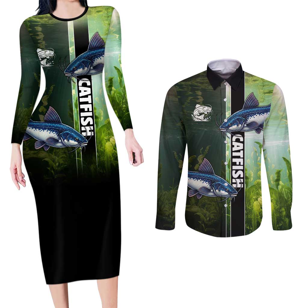 Custom Catfish Fishing Couples Matching Long Sleeve Bodycon Dress and Long Sleeve Button Shirt with Underwater River Scene and Green Aquatic Pattern - Wonder Print Shop