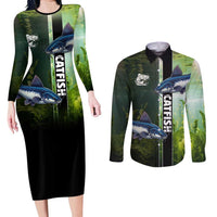Custom Catfish Fishing Couples Matching Long Sleeve Bodycon Dress and Long Sleeve Button Shirt with Underwater River Scene and Green Aquatic Pattern - Wonder Print Shop