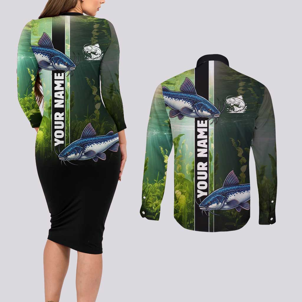 Custom Catfish Fishing Couples Matching Long Sleeve Bodycon Dress and Long Sleeve Button Shirt with Underwater River Scene and Green Aquatic Pattern - Wonder Print Shop