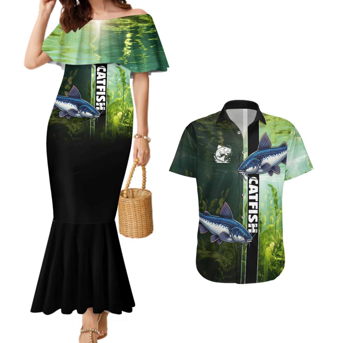 Custom Catfish Fishing Couples Matching Mermaid Dress and Hawaiian Shirt with Underwater River Scene and Green Aquatic Pattern - Wonder Print Shop