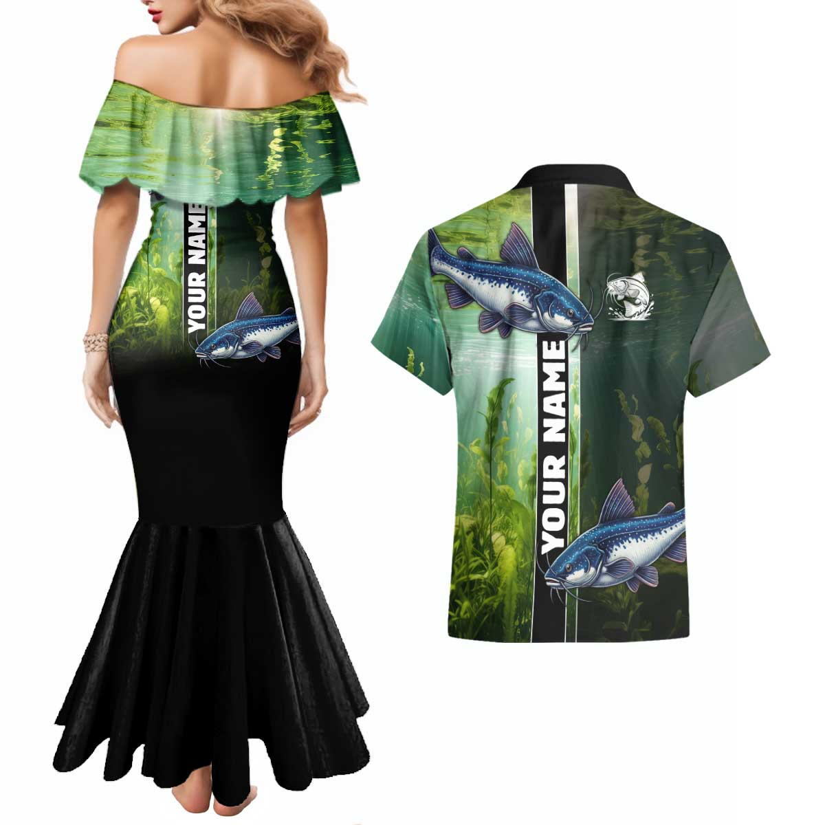 Custom Catfish Fishing Couples Matching Mermaid Dress and Hawaiian Shirt with Underwater River Scene and Green Aquatic Pattern - Wonder Print Shop