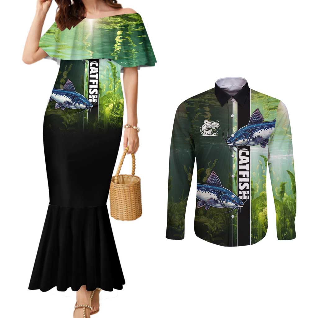 Custom Catfish Fishing Couples Matching Mermaid Dress and Long Sleeve Button Shirt with Underwater River Scene and Green Aquatic Pattern - Wonder Print Shop