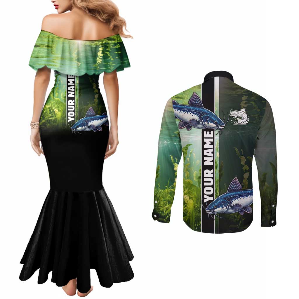 Custom Catfish Fishing Couples Matching Mermaid Dress and Long Sleeve Button Shirt with Underwater River Scene and Green Aquatic Pattern - Wonder Print Shop