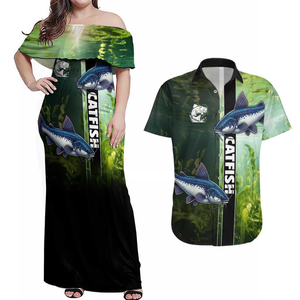 Custom Catfish Fishing Couples Matching Off Shoulder Maxi Dress and Hawaiian Shirt with Underwater River Scene and Green Aquatic Pattern - Wonder Print Shop